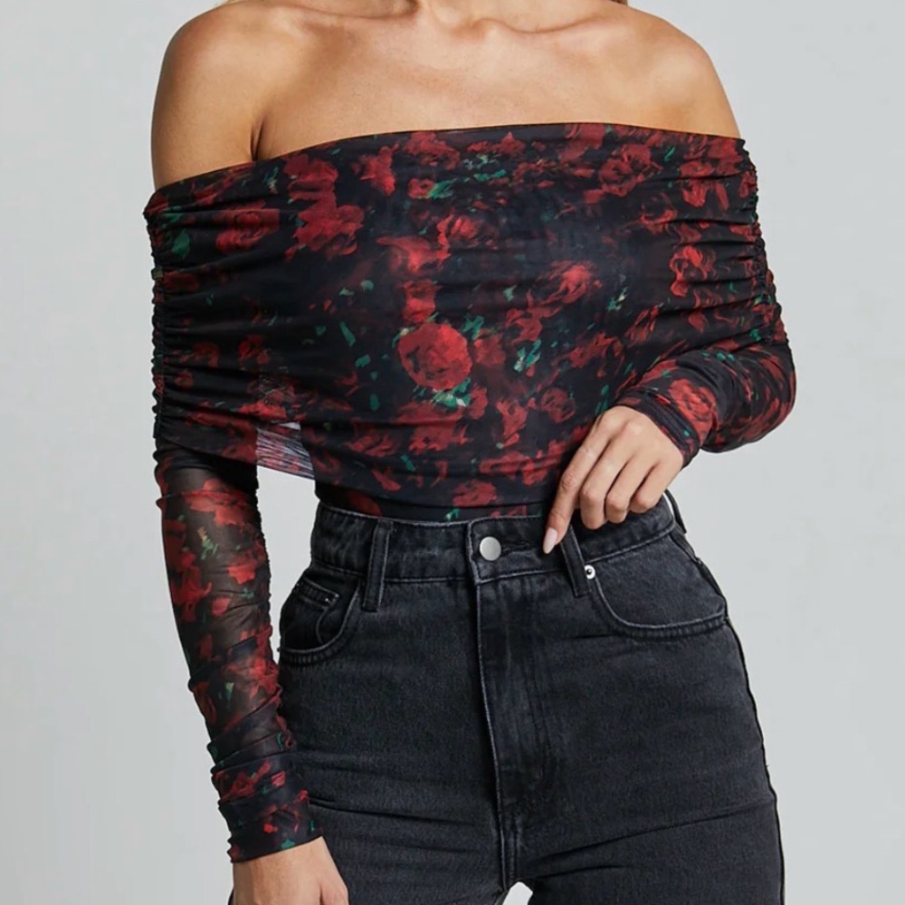 Off-Shoulder Red Floral Mesh Top